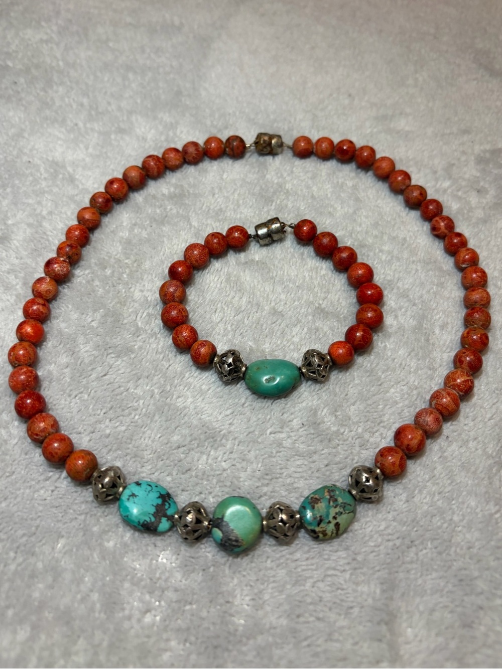 Vintage Red Sponge Coral & Turquoise Bead Necklace + Bracelet Set